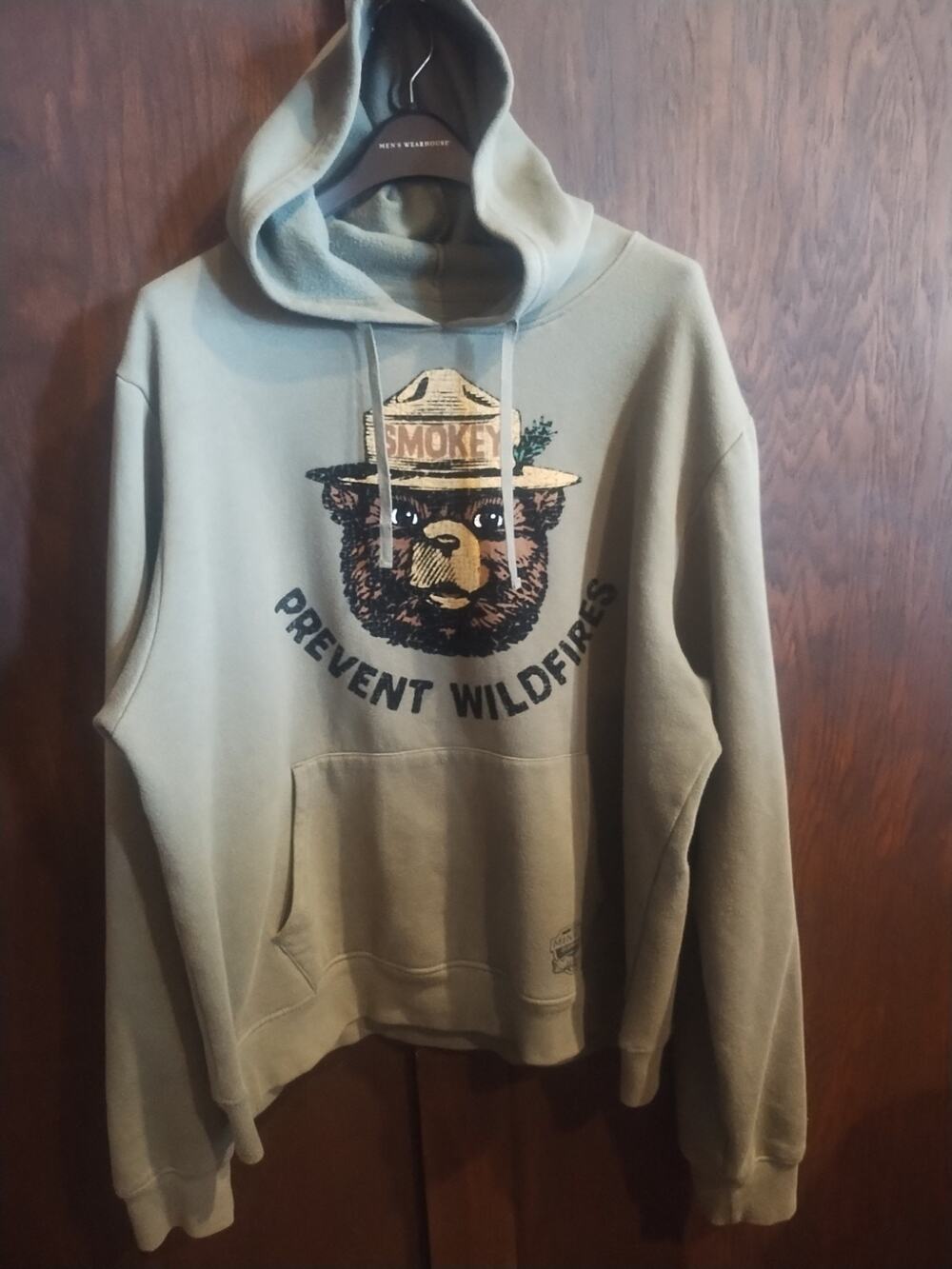 Smokey Bear Fishing Hoodie Sweatshirt Mens XL olive green Fleece Angry Minnow